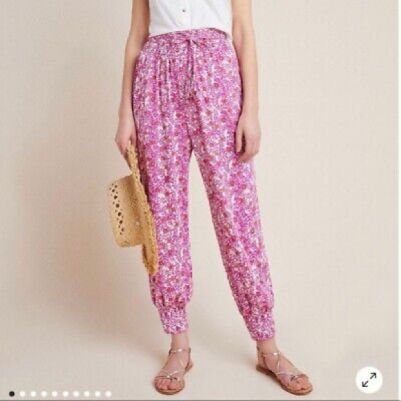 Anthropologie Boho Abstract Pink Floral Jogger Lounge pants Size m - Picture 2 of 12